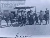 Hornsilver  Arrival of a stagecoach from Stonewall Station, Hornsilver, Nevada, June 1908. There is an inscription on the back of the image. "Hornsilver, originally known as Lime Point, was settled when silver was discovered in the area in the 1860's. The name of the camp was changed to Hornsilver in 1908 when rich Hornsilver was found in the area. In the 1930's when gold became the major product of the area the name of the town was again changed, this time to Gold Point, the name it is known by today." Central Nevada Historical Society Collection Original Date	 1908-06. Courtesy UNLV