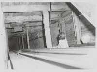 Unused mine shaft, Johnnie Mine. Two people can be seen looking down to the right. A cable hangs down from above.  Two people looking down mine shaft at Johnnie MIne, taken during 1940's or 1950's, courtesy UNLV